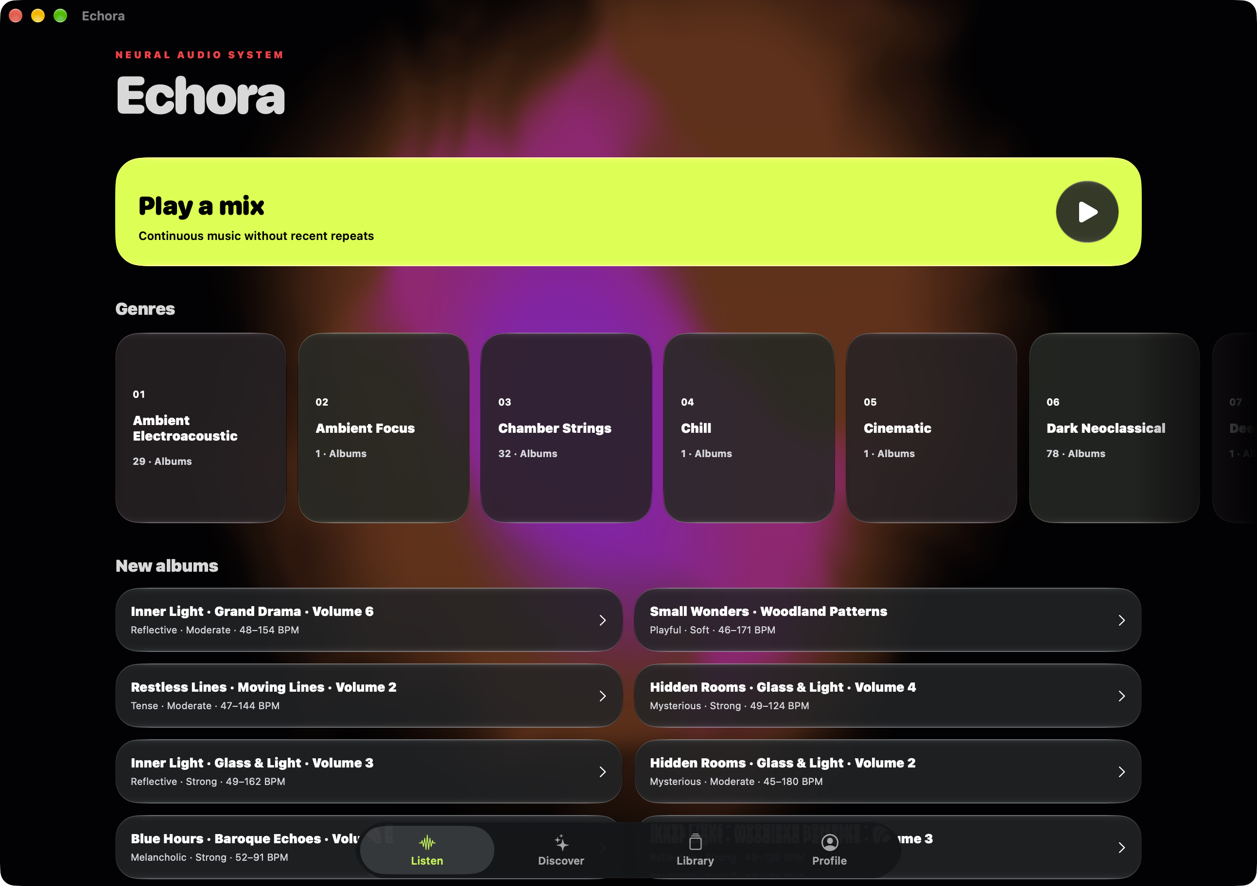 Updated Echora Listen screen in its native Mac Catalyst window, dark appearance